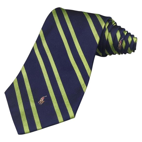 VTG Polo Ralph‎ Lauren Repp Tie Stripe Navy Green Embroidered Polo Players Silk
